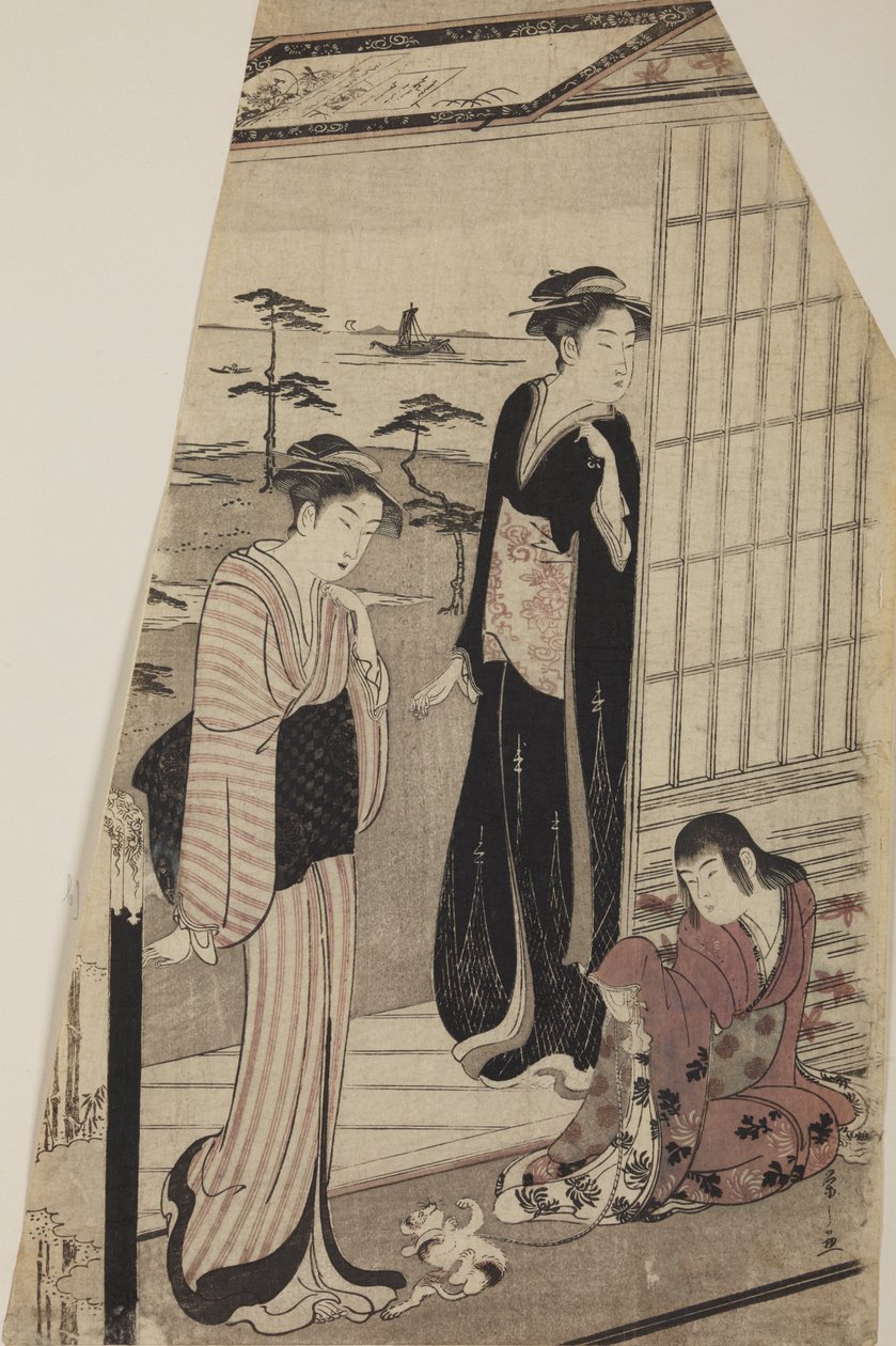 Two Women and a Girl with a Kitten on the Doorstep by Chobunsai Eishi