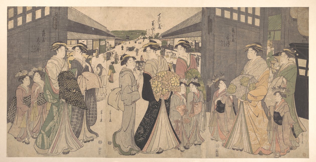 Oiran and Attendants at the Great Gate of the Yoshiwara by Chobunsai Eishi