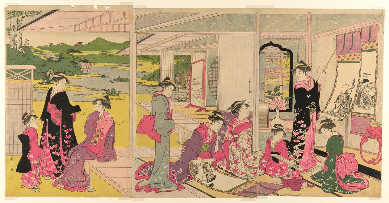 Women Viewing Scroll Paintings of the Gods of Good Fortune by Chobunsai Eishi