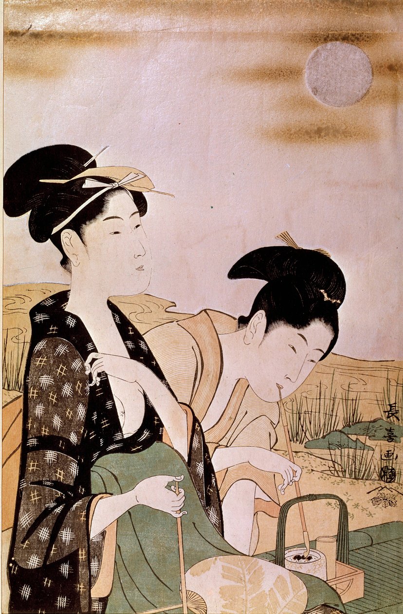 Admiring the moon: two women smoking by Choki Eishusai