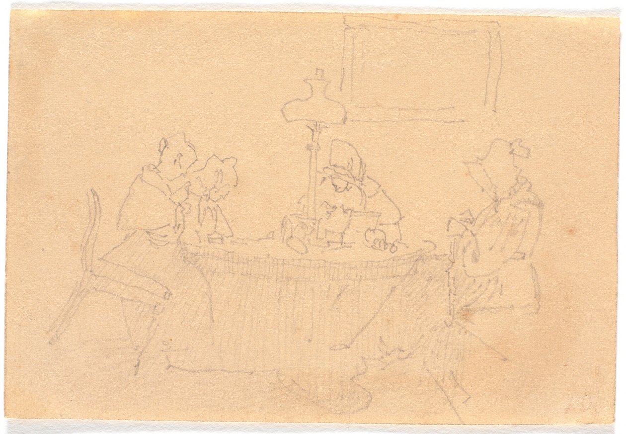 Evening Interior. Four Ladies around a Table, Sewing in Lamp Light by Christen Købke
