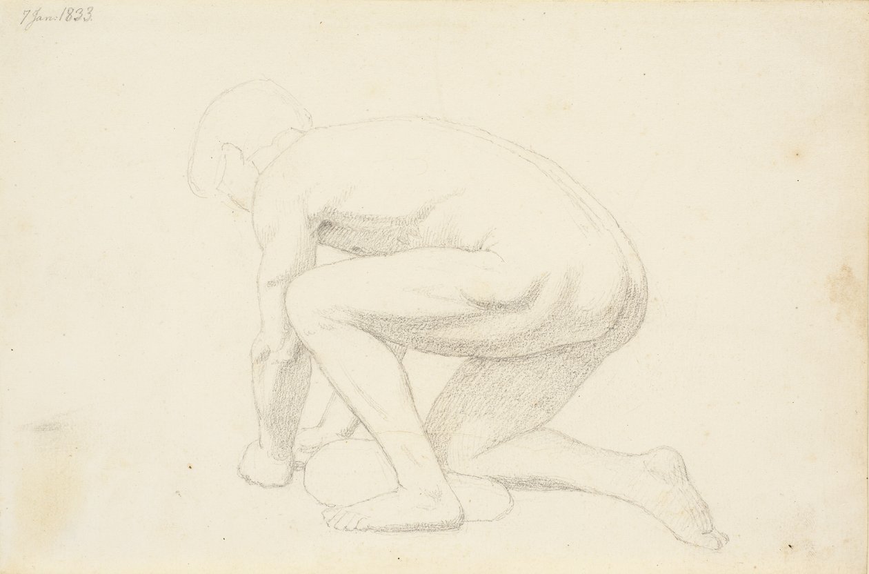 Male Model Lying Supported on Arms and Right Knee, Seen from the Side and Facing Left by Christen Købke