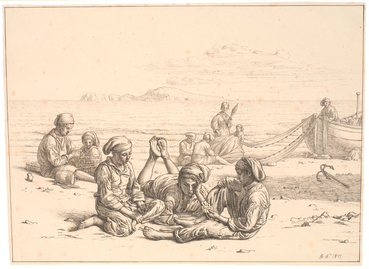 Neapolitan Fisher Boys Playing Cards. Several Fishermen Busy with Their Nets. Capri in the Background by Christen Købke