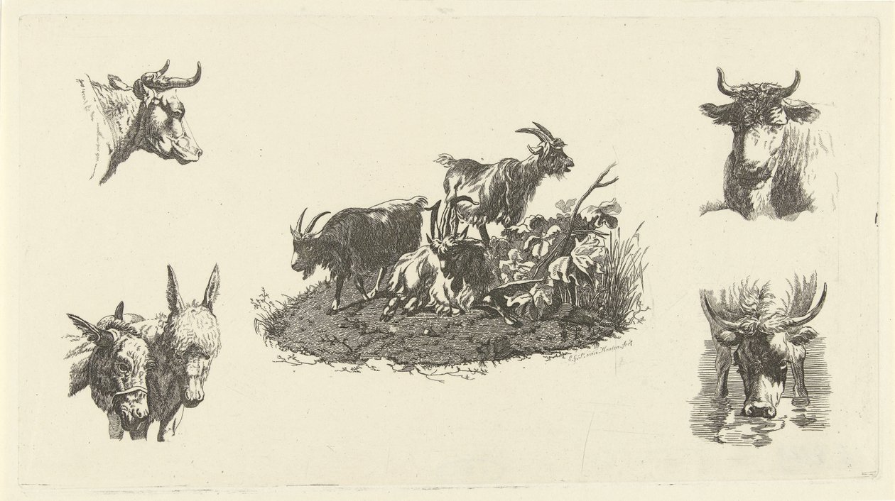 Three Goats with Cow Heads and Donkey Heads on Either Side by Christiaan Godfried Schutze van Houten