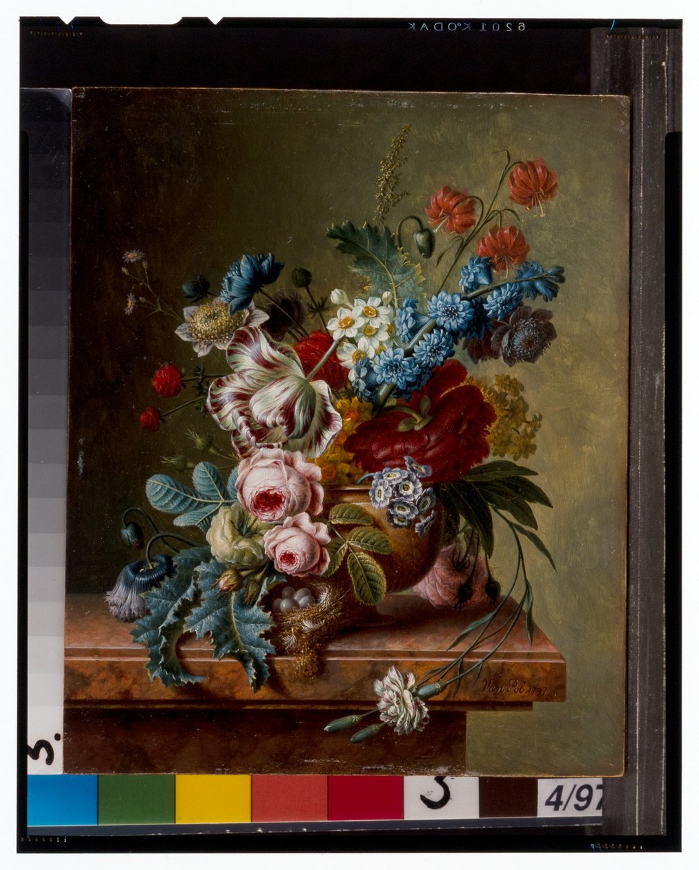 A Vase of Flowers on a Marble Ledge & A Basket of Flowers with a Goldfinch by Christiaan van Pol