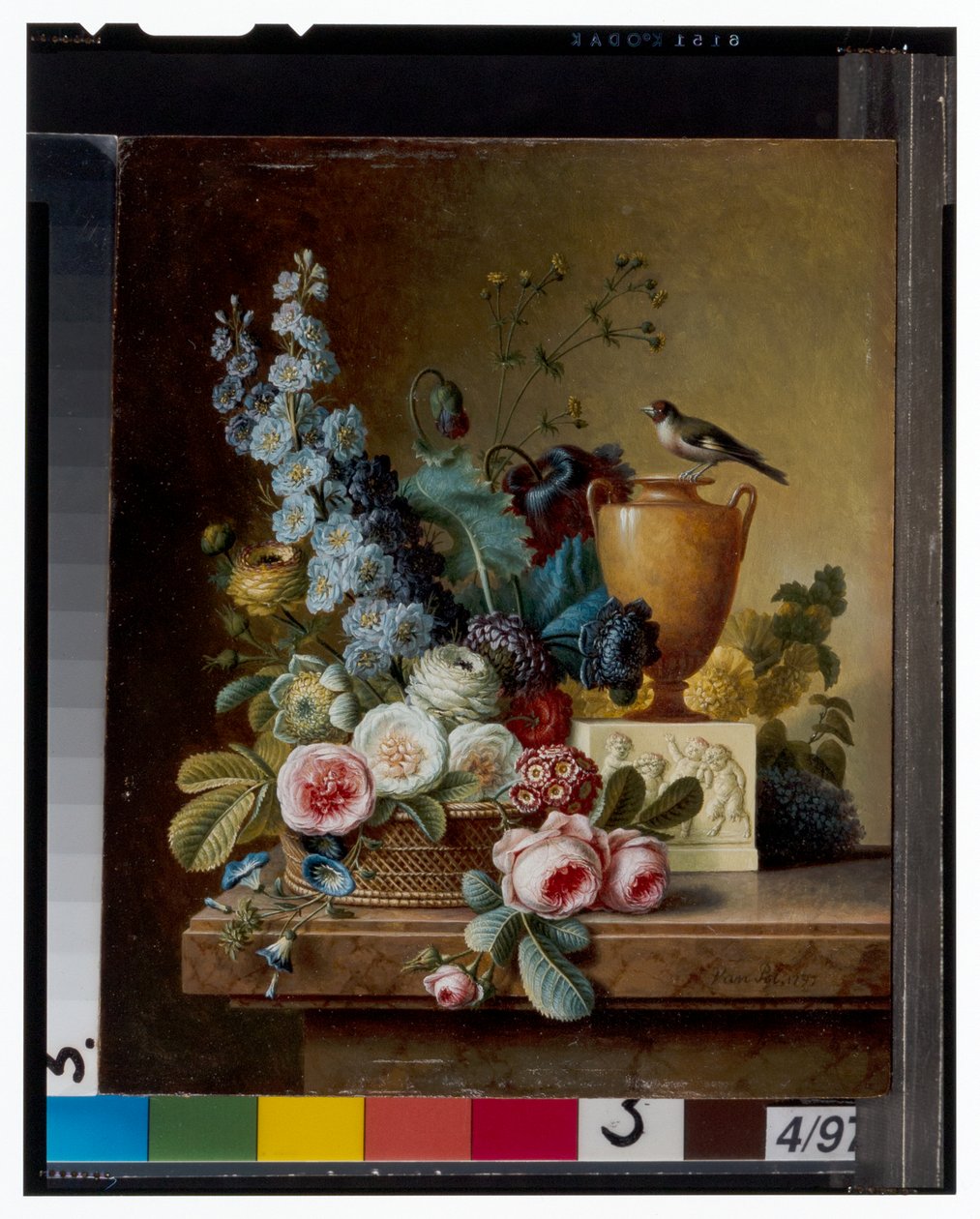 A Vase of Flowers on a Marble Ledge & A Basket of Flowers with a Goldfinch by Christiaan van Pol