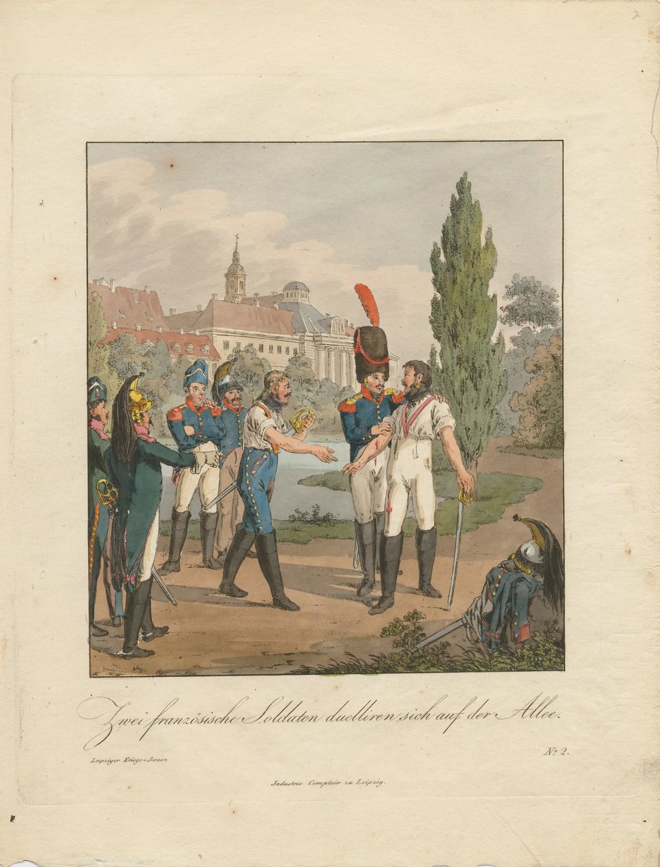 Two French soldiers fighting a duel on an avenue by Christian Gottfried Heinrich Geissler