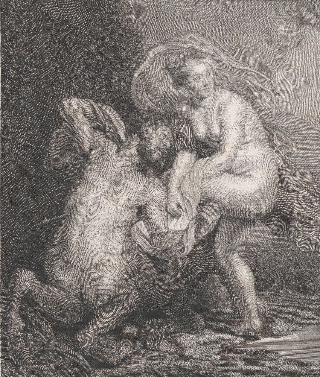 Deianeira receiving the poisoned tunic from Nessus, and the wounded centaur falling by Christian Gottfried Schulze
