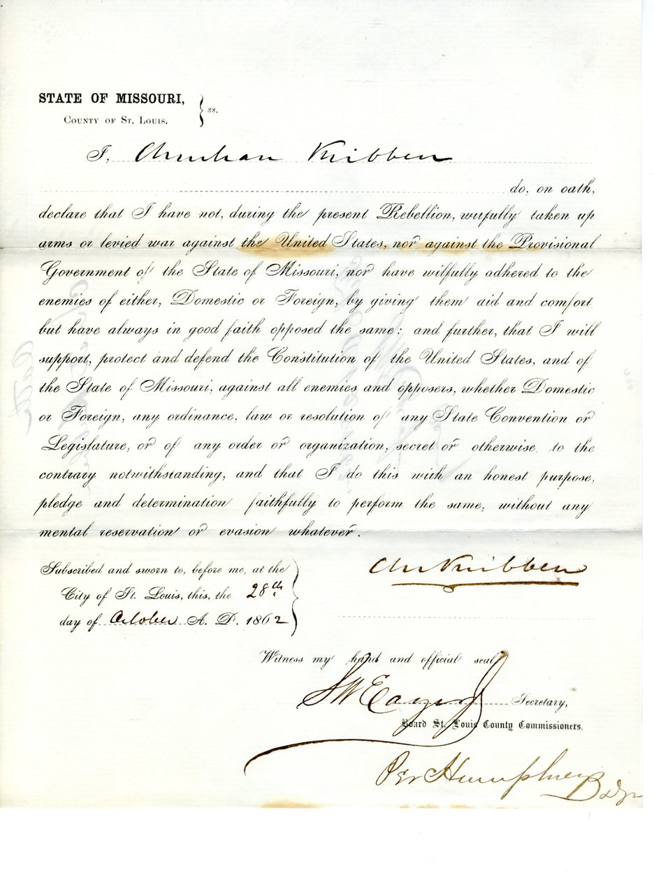 Loyalty oath of Christian Kribben of Missouri, County of St. Louis by Christian Kribben