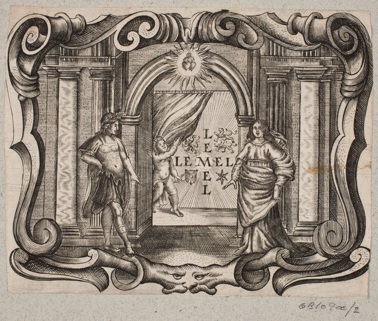 Emblem with Portal, Man and Woman, Cupid and Two Burning Hearts by Christian Rothgiesser