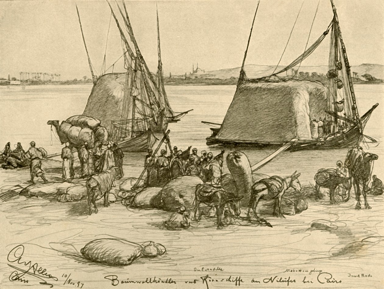 Loading cotton onto grain boats, River Nile, Cairo, Egypt, 1898 by Christian Wilhelm Allers