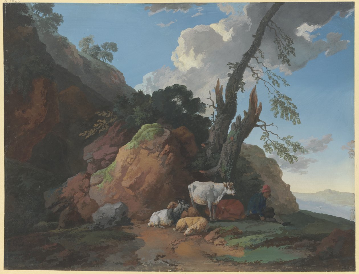 Rocky Area with a Shepherd, Two Cows, Two Sheep, and a Goat by Christian Wilhelm Ernst Dietrich