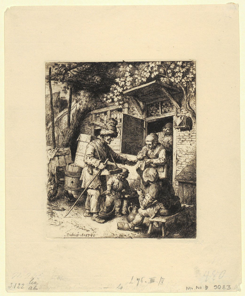 Half-Figure of a Seated Man with a Feathered Hat and Glasses in His Left Hand by Christian Wilhelm Ernst Dietrich