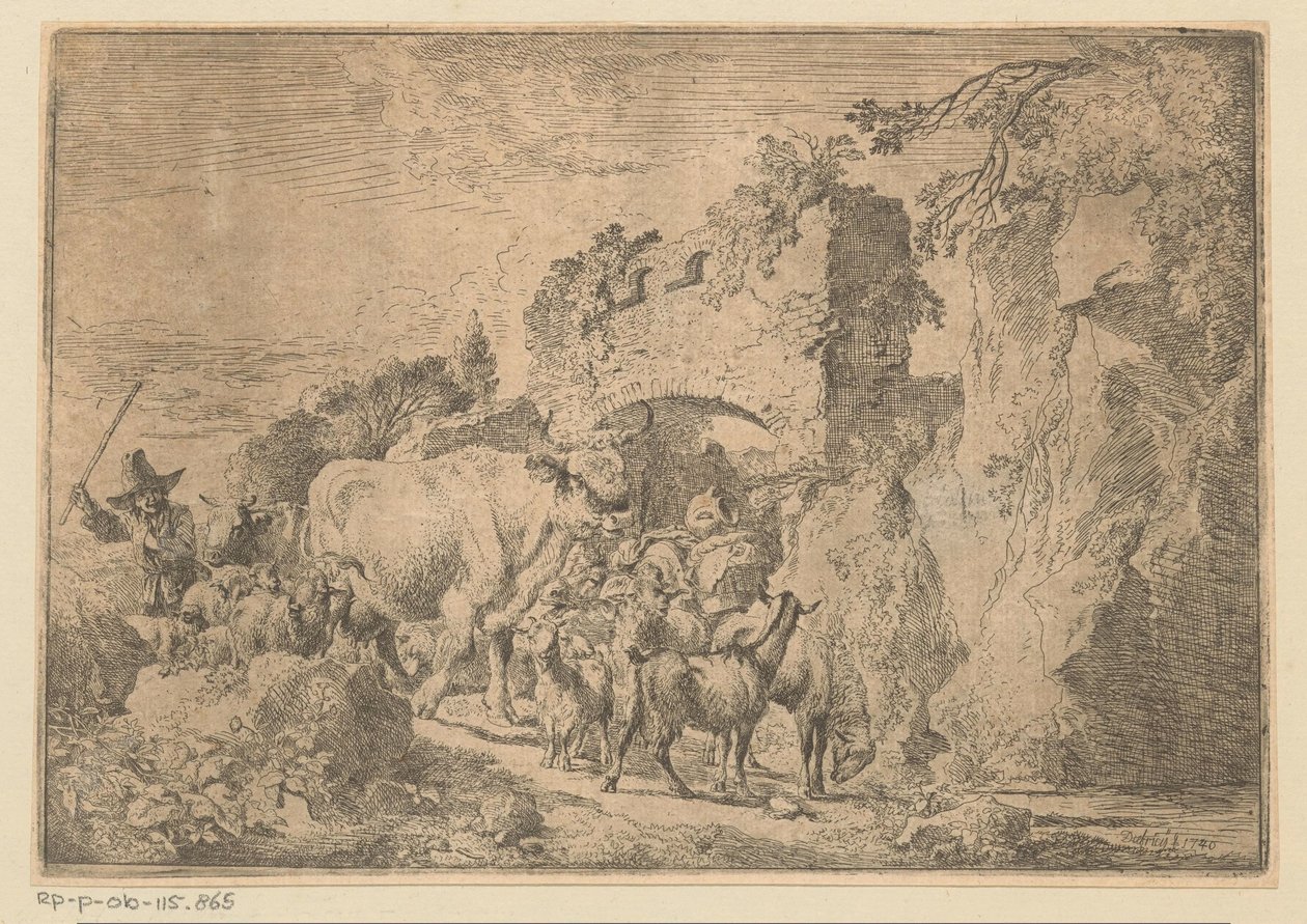 Shepherd with Flock by a Ruin by Christian Wilhelm Ernst Dietrich