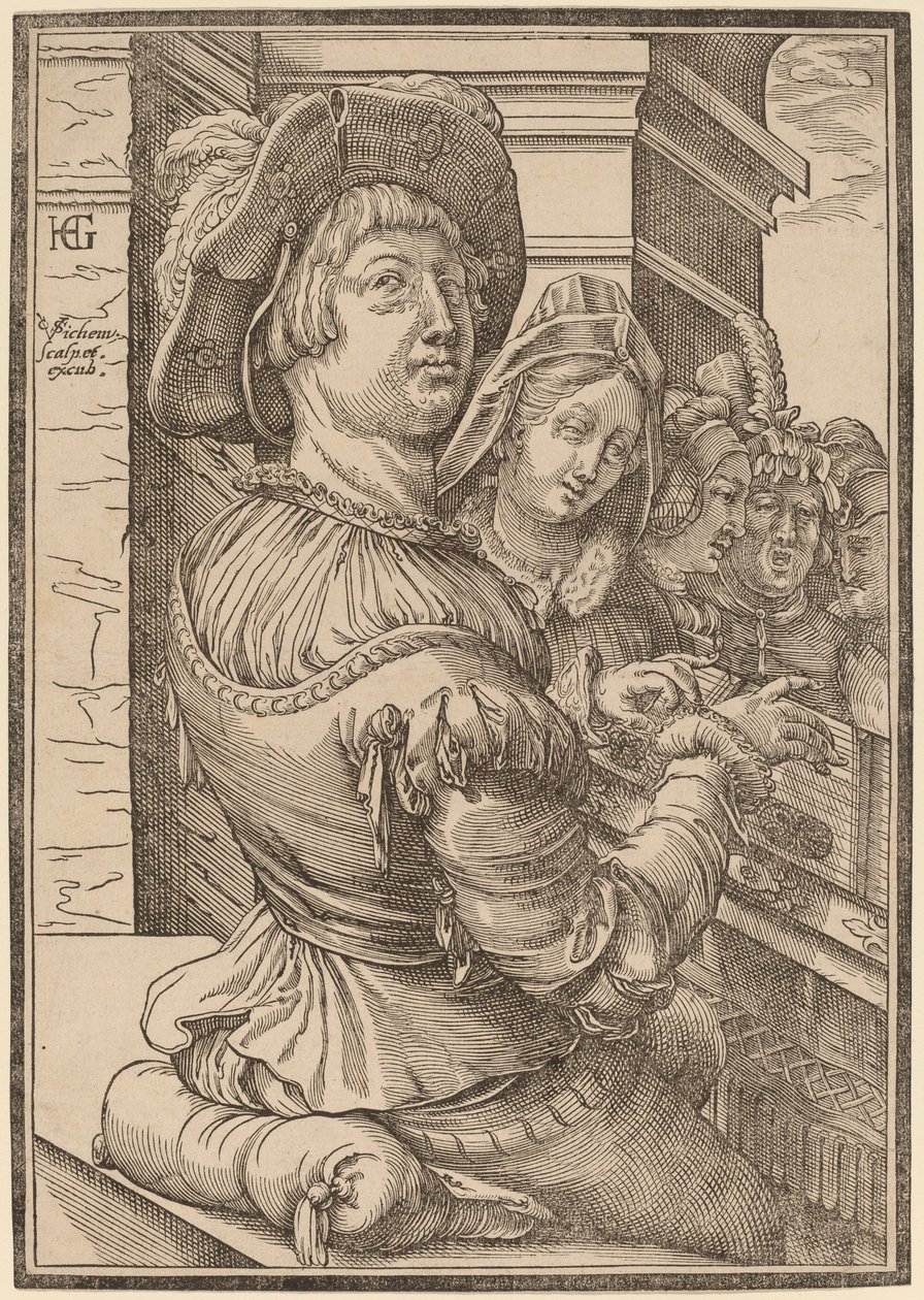 A Young Man Playing a Psalterium by Christoffel van Sichem I after Hendrik Goltzius