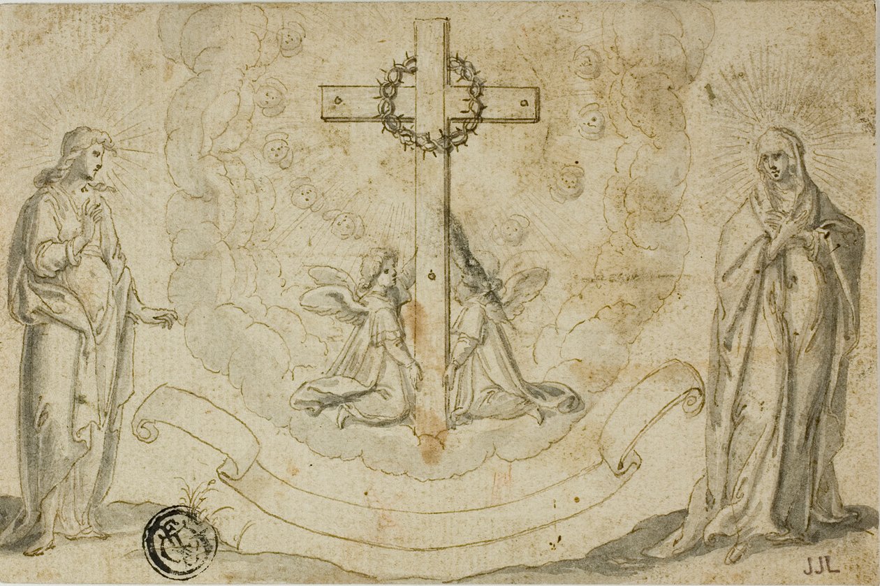 Virgin Mary and St. John the Evangelist Beholding a Vision of the Cross Held by Two Angels by Christoph Schwarz