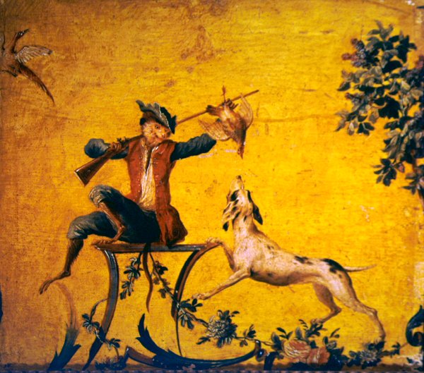 Monkey hunter and hunting dog by Christophe Huet