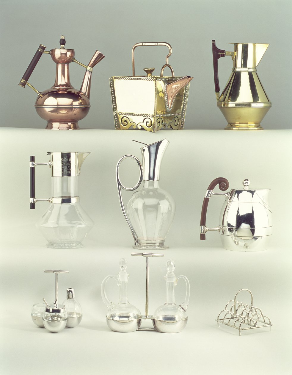 Oriental Coffee Pot, Benham & Froud, c.1888; Japanese Rivetted Square Teapot, Benham & Froud, c.1888; Claret Jug, Richard Perry, Son & Co., c.1880 by Christopher Dresser