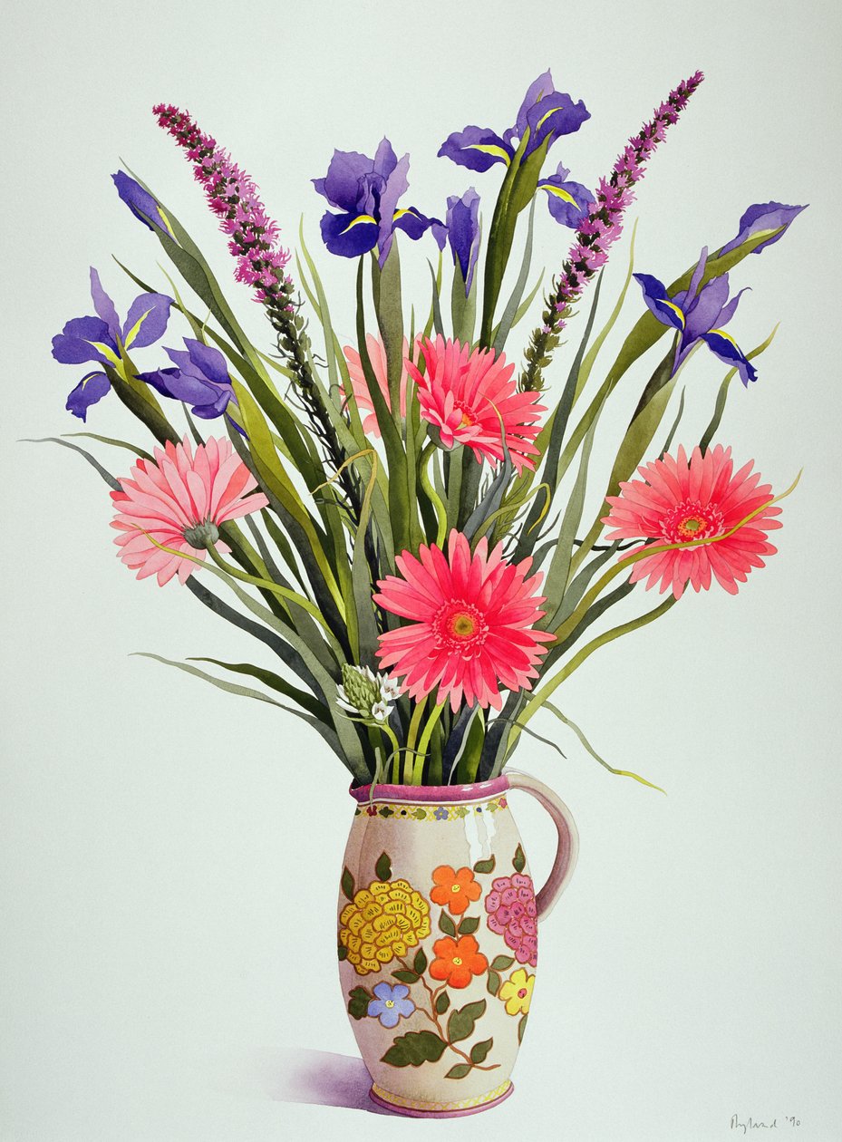 Irises and Gerbera in a Dutch Jug by Christopher Ryland