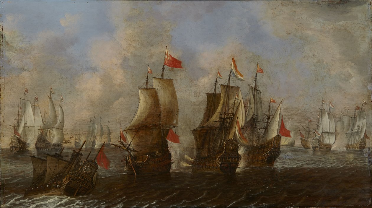 Naval Battle between English and Dutch Ships by Claes Claesz. Wou