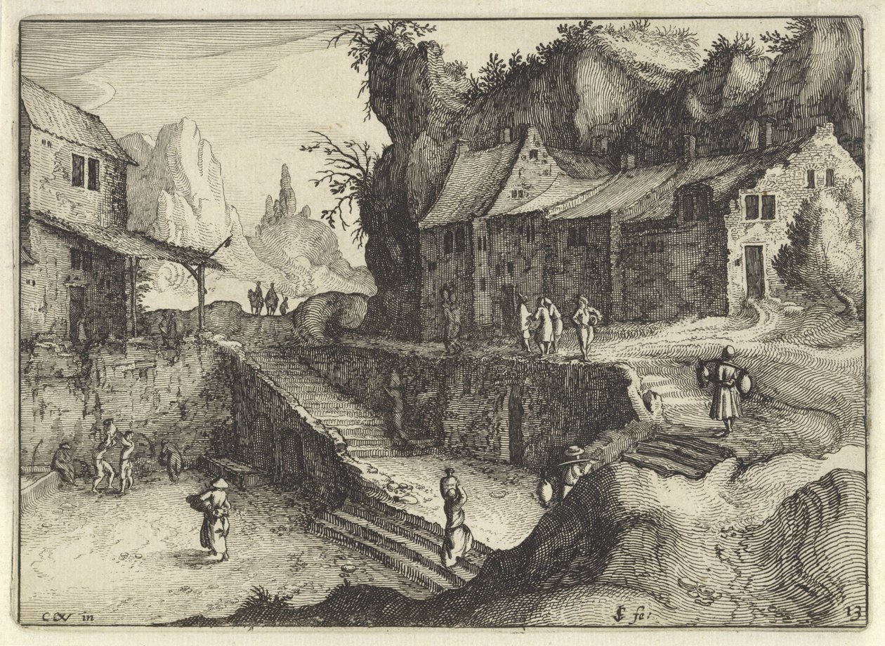 Mountain Village with Houses and Stairs (Hollandse landschappen / Amaeniores Aliquot Regiunculae) by Claes Jansz. Visscher (II)