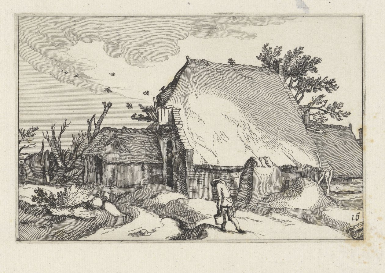 Farm and Man with Two Buckets by Claes Jansz. Visscher (II)