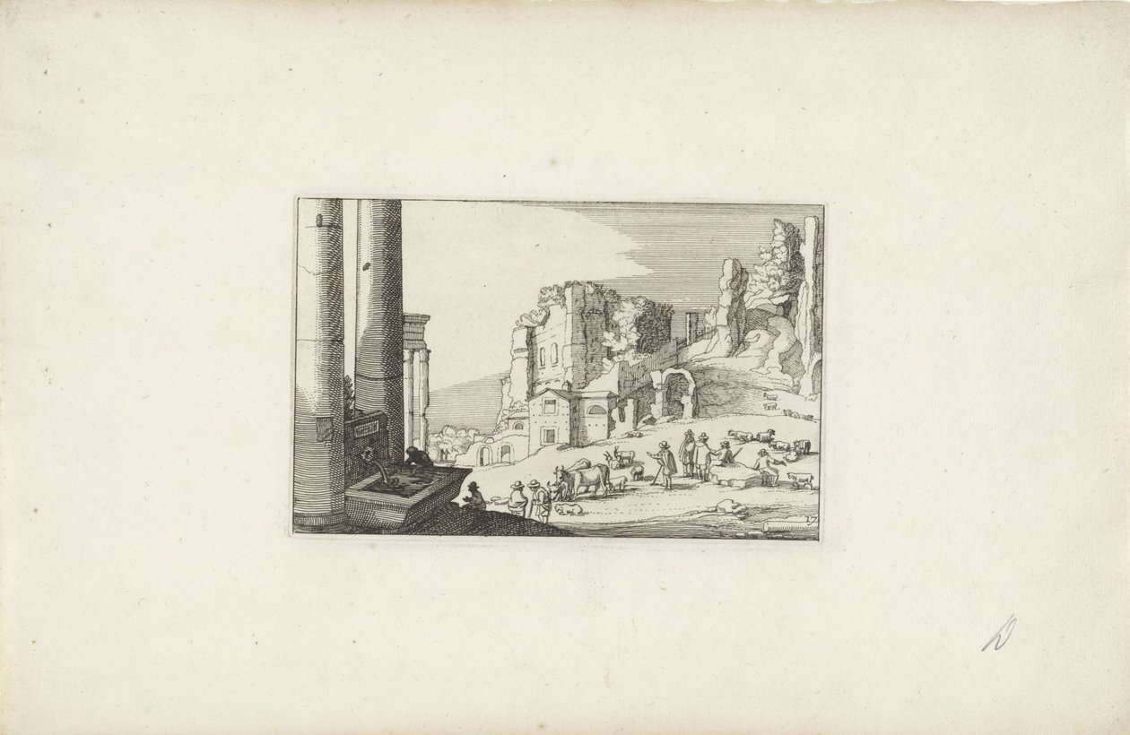 Hilly landscape with a fountain and shepherds (Italian landscapes with ruins, Variae antiquitates Romanae) by Claes Jansz. Visscher (II)