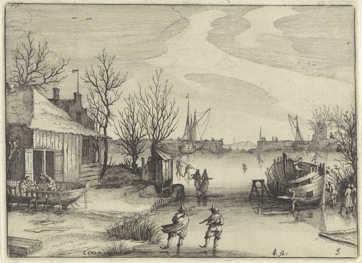 Shipyard on a Frozen Canal by Claes Jansz. Visscher (II)