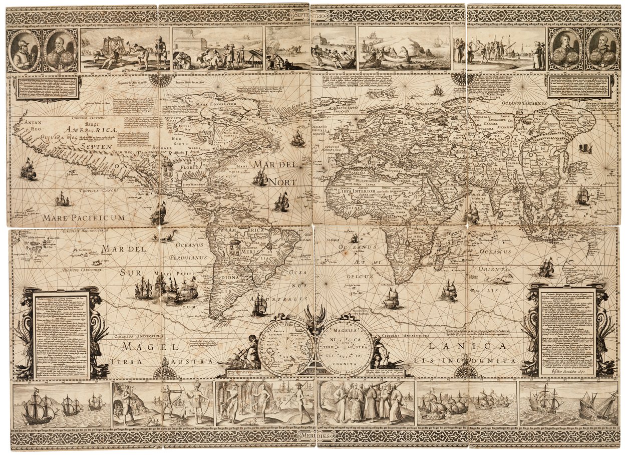 Composite Sheet with Engraving, Scale: circa 1:35,000,000 by Claes Jansz Visscher
