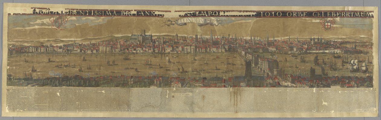 View of the River Thames, with London Bridge, Londinium Florentissima Britanniae urbs emporiumque toto orbe celeberrimum. London by Claes Jansz Visscher