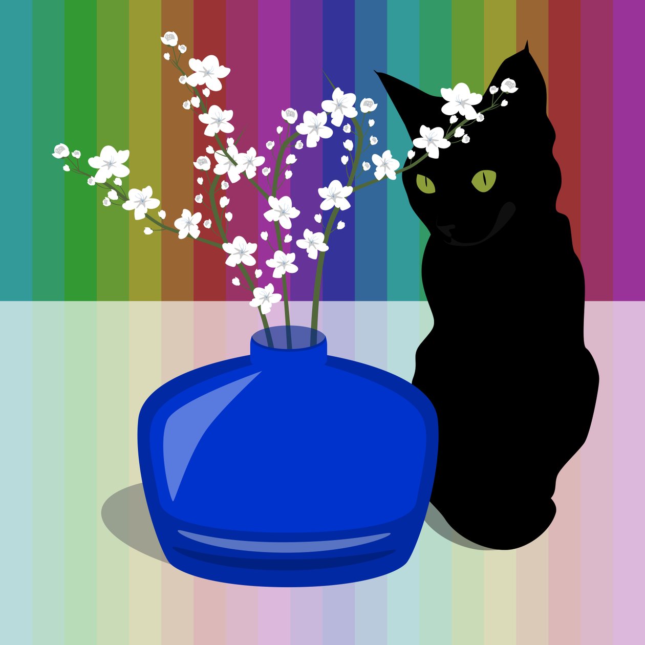 Blue Glass Vase with Blossom and Black Cat by Claire Huntley