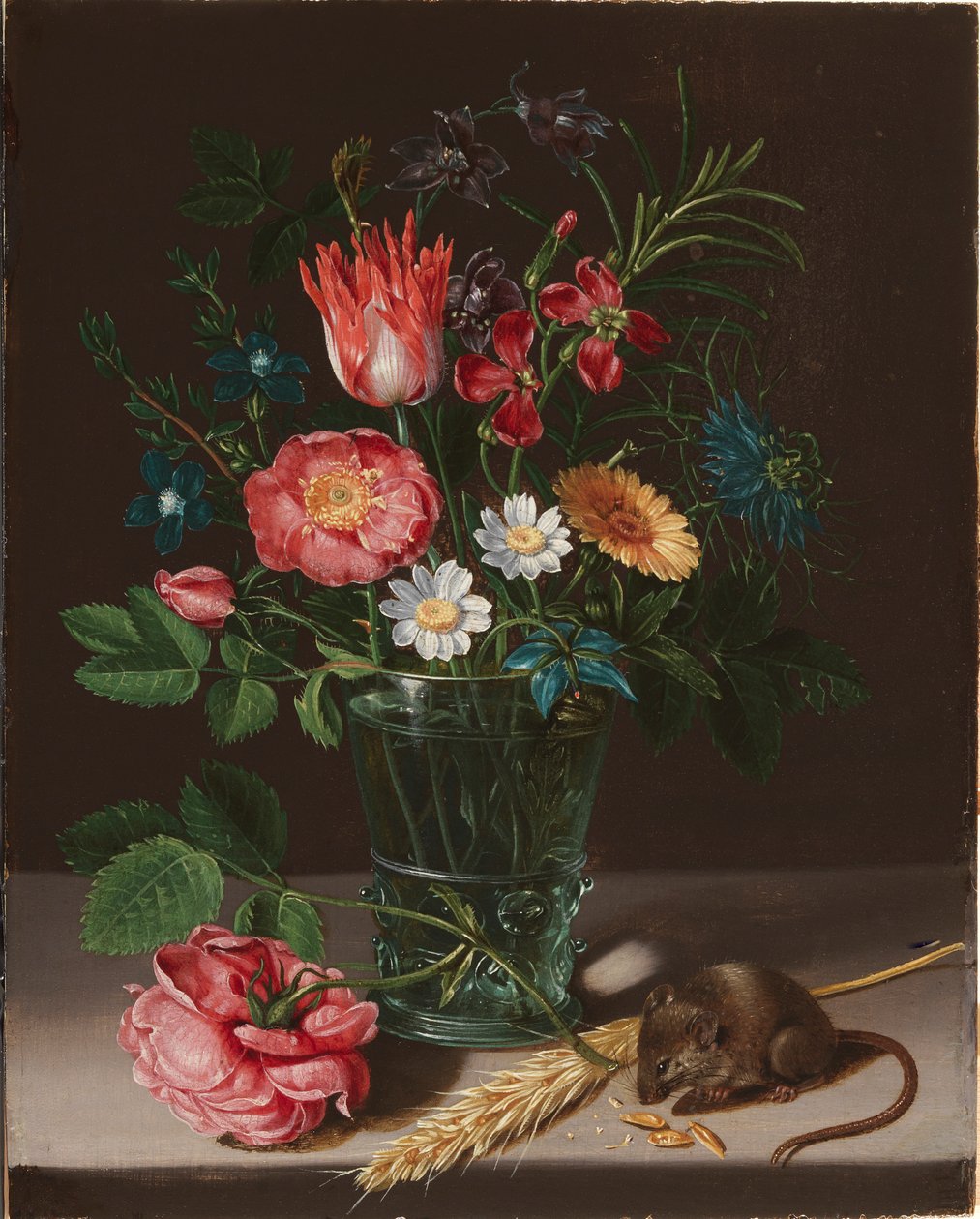 Flowers in a Vase with a Nibbling Mouse by Clara Peeters