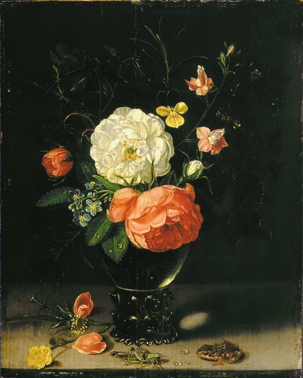 Flowers in a Vase with Grasshopper and Frog by Clara Peeters
