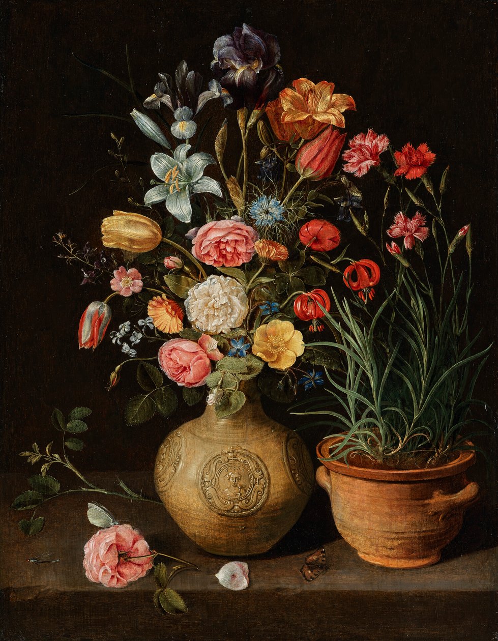 Still Life with Roses, Lilies, an Iris and Other Flowers in an Earthenware Vase, with a Pot of Carnations and a Butterfly on a Ledge by Clara Peeters