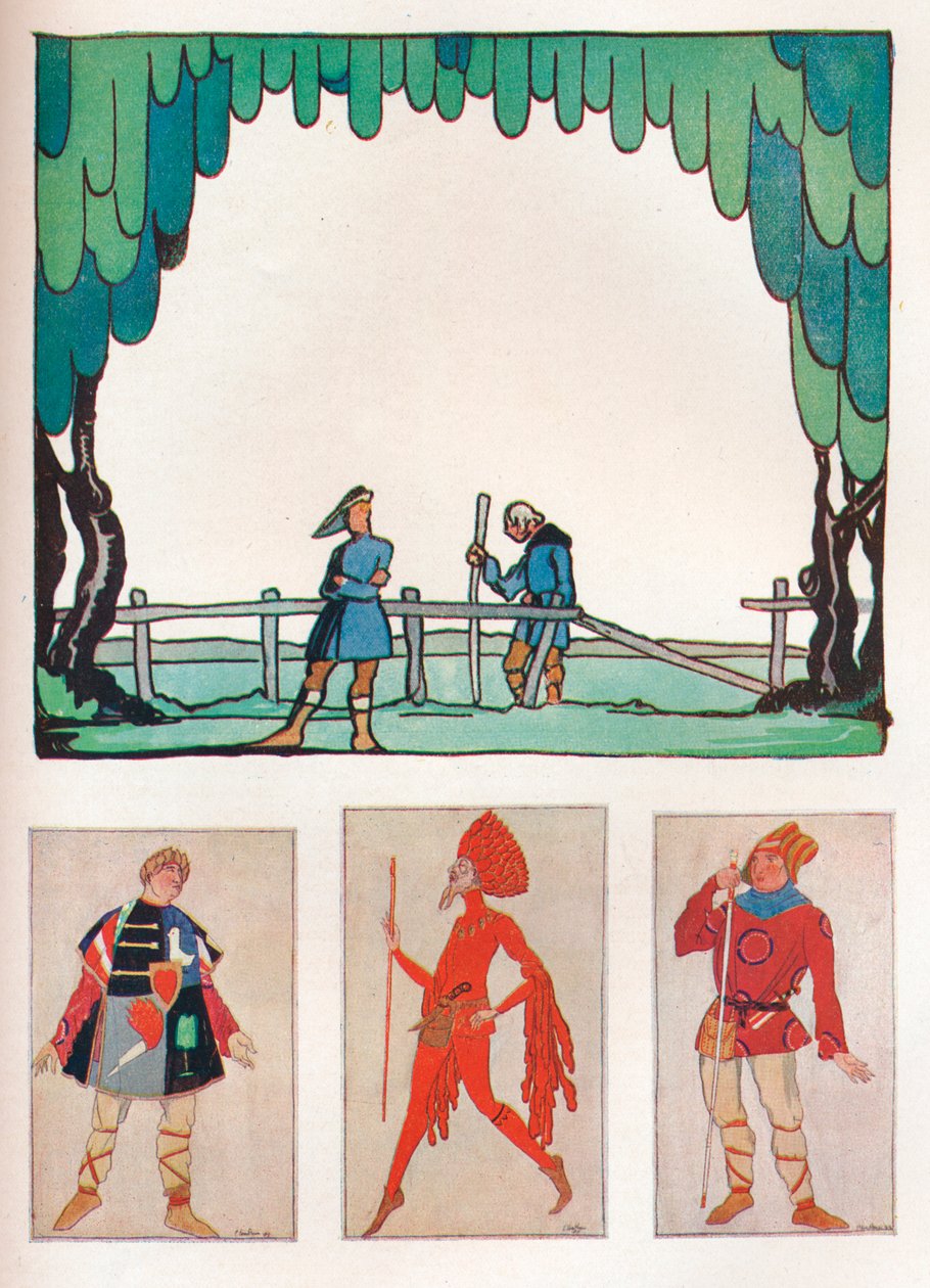 Scenery for As You Like It Act I, Scene I and Costumes of Amiens and Lebeau, 1919 by Claud Lovat Fraser