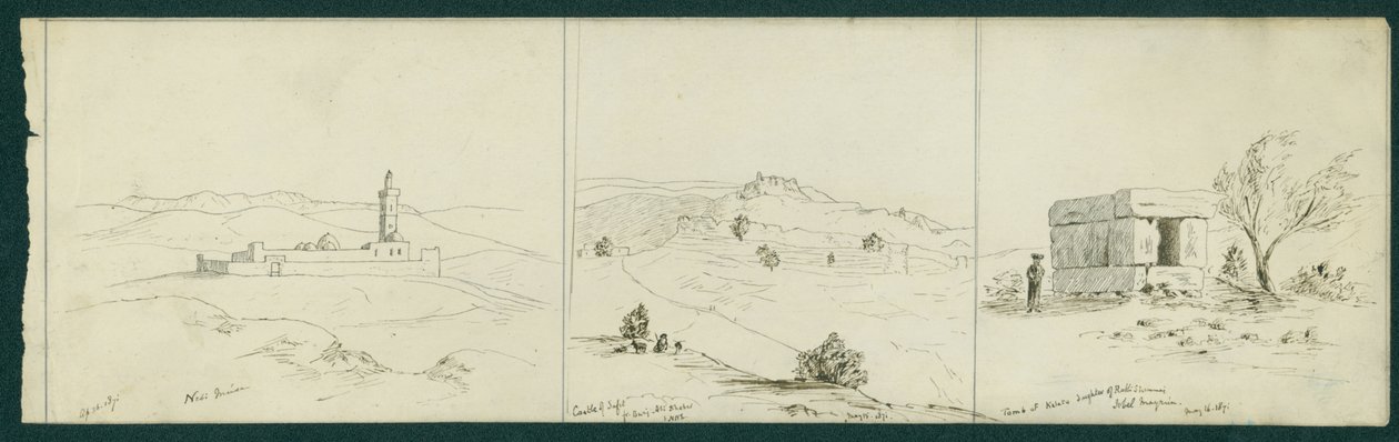LtoR: Nebi Musa, Castle of Safet and Tomb of Kalata by Claude Conder