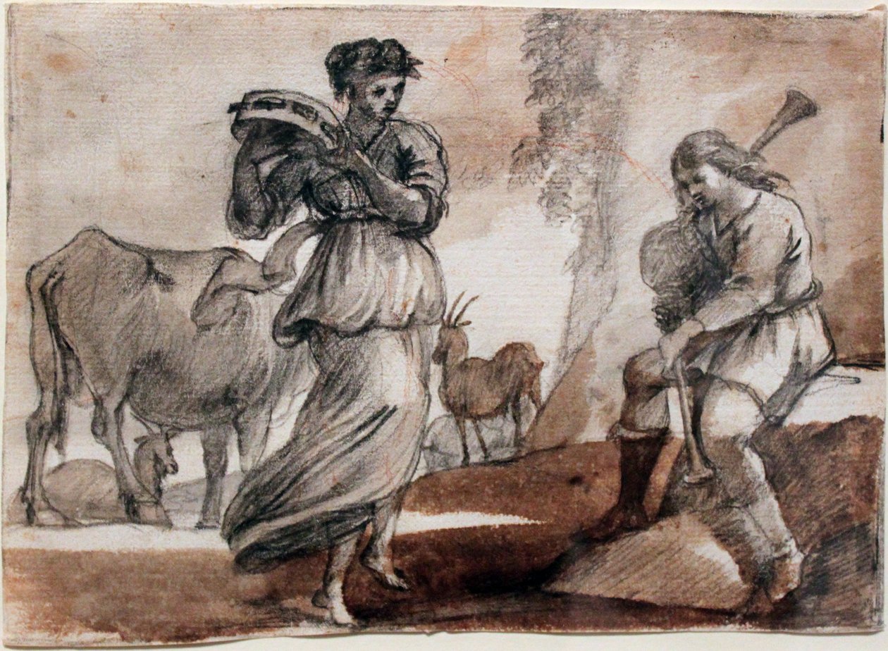 Dancer with Tambourine and Bag-Piper by Claude Lorrain