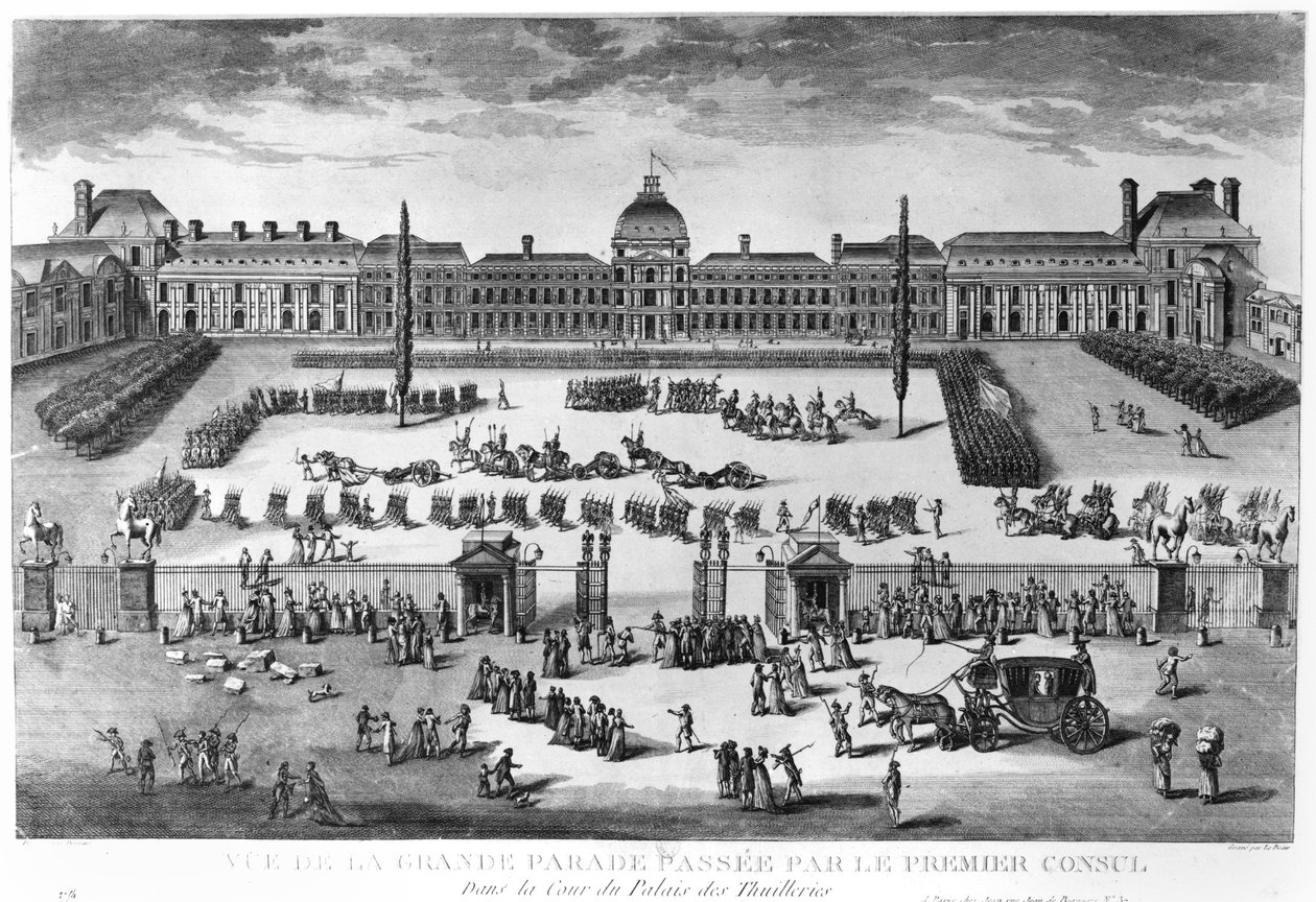 Napoleon Bonaparte (1769-1821) First Consul, Reviewing His Troops in the Courtyard of the Tuileries Palace, Engraved by Pierre Adrien Le Beau by Claude Louis Desrais