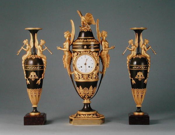An Empire Vase Clock and a Pair of Pendant Vases by Claude (attr. to) Galle