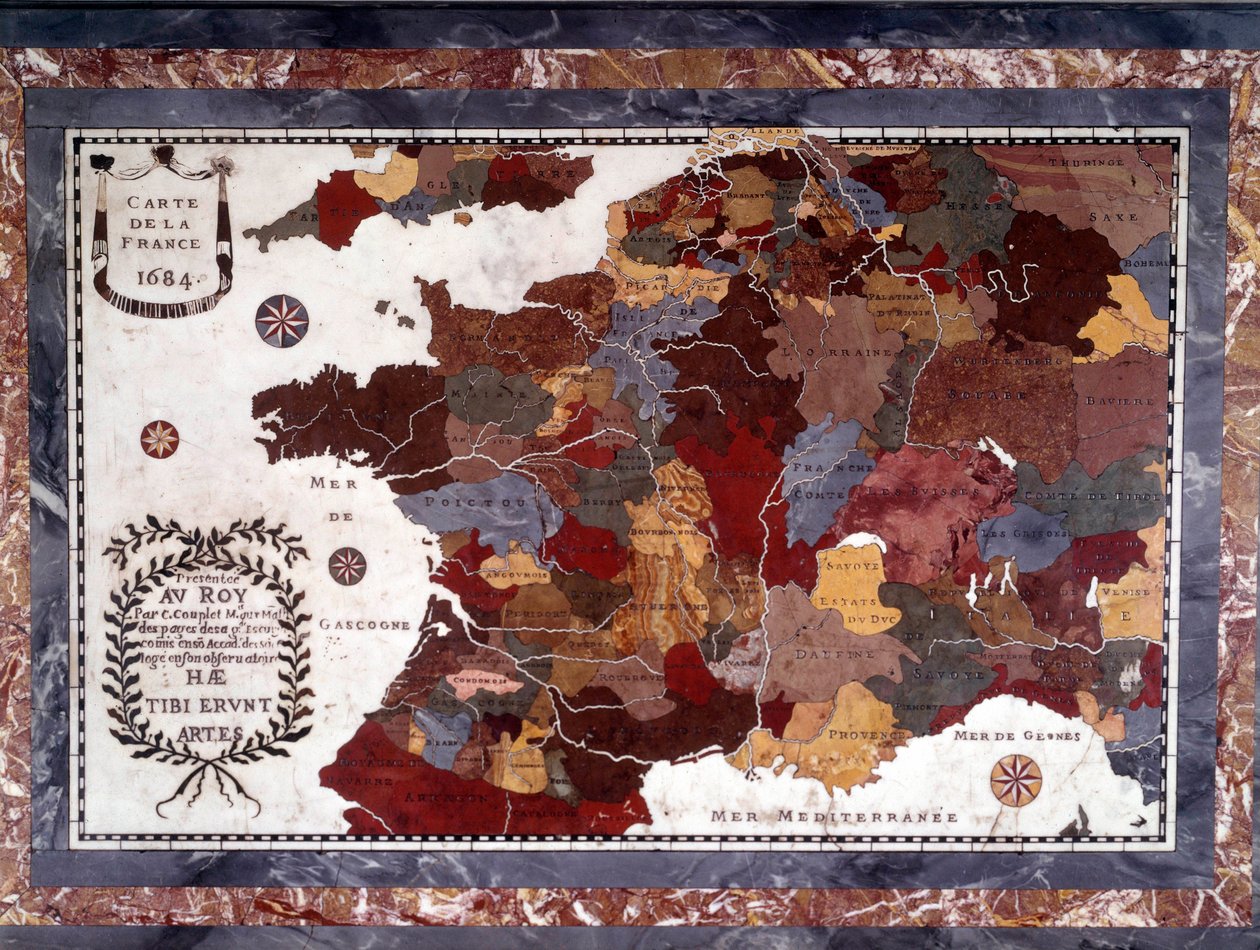 17th Century Map of France with Decoupage of Different Regions by Claude Antoine Couplet