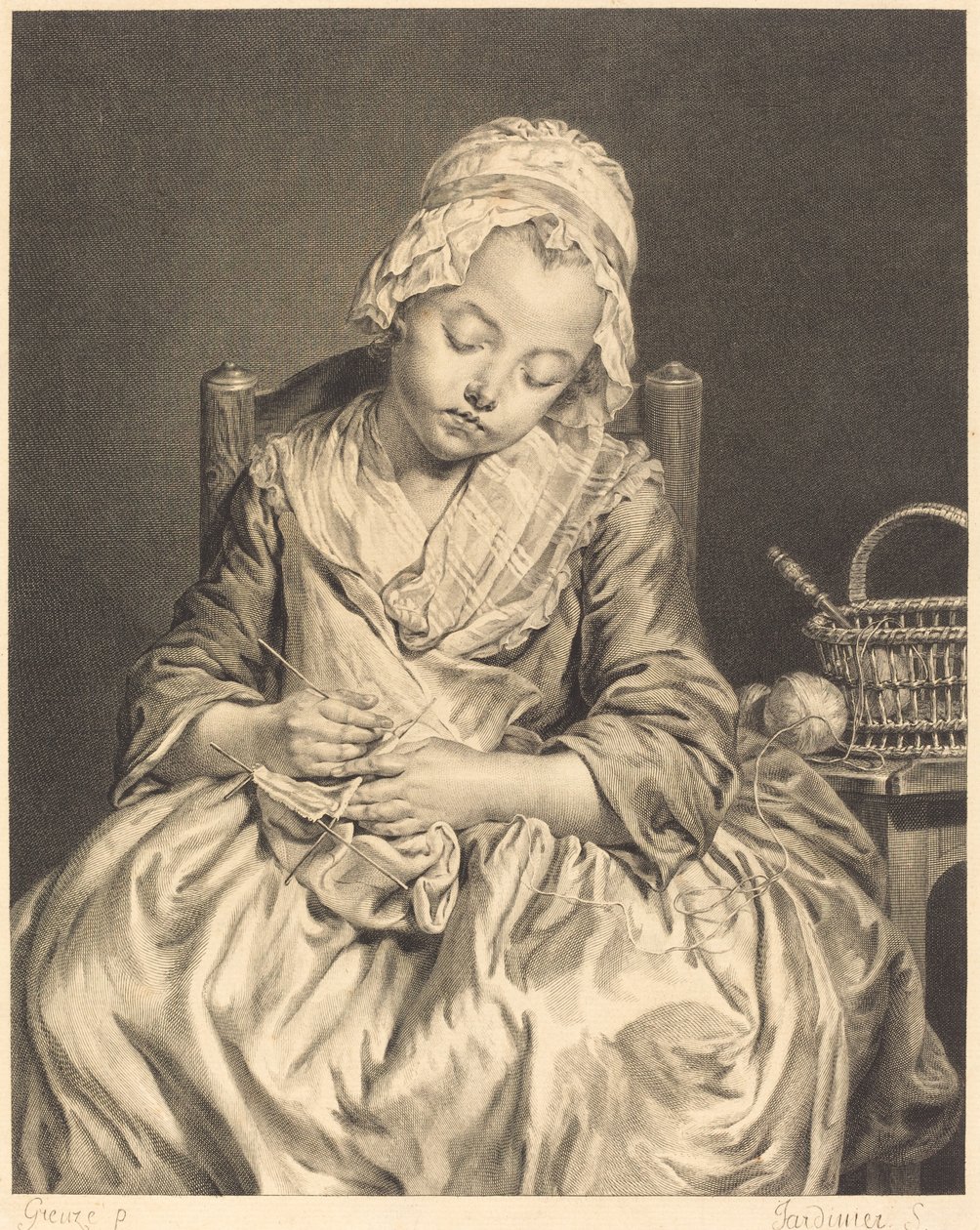 The Sleeping Knitter by Claude Donat Jardinier after Jean Baptiste Greuze