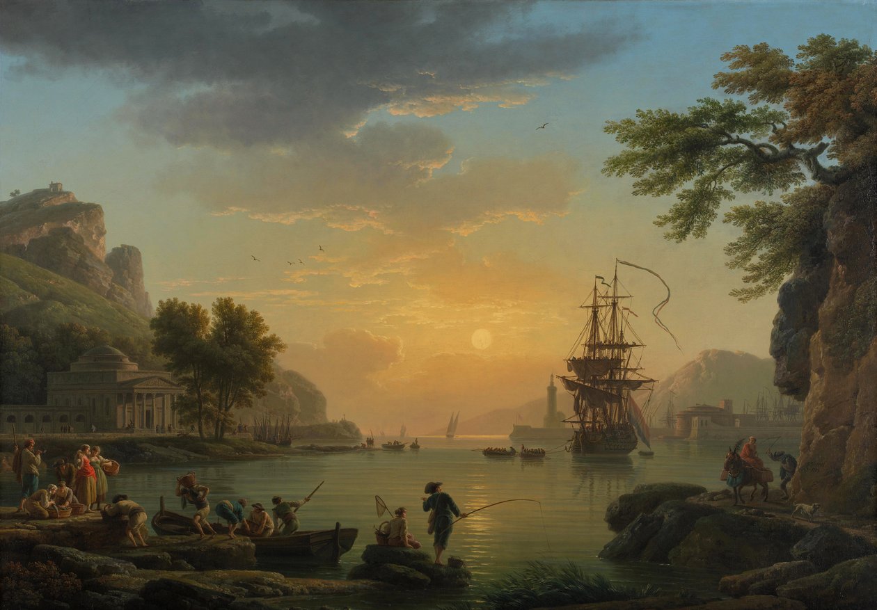 A Landscape at Sunset with Fishermen returning with their Catch. Painting by Claude Joseph Vernet, 1773 by Claude Joseph Vernet