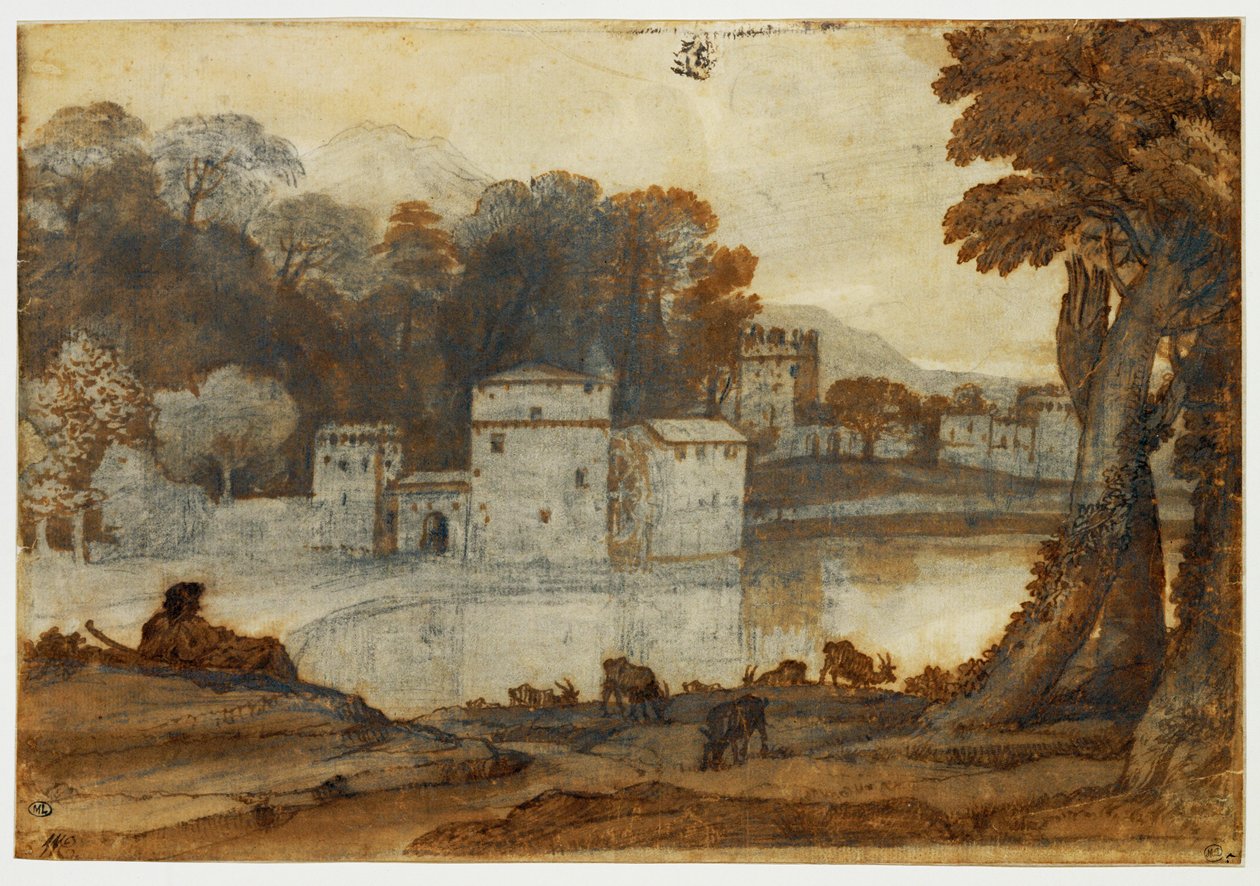 Shepherd beside a lake near a fortified mill by Claude Lorrain (1600 82)
