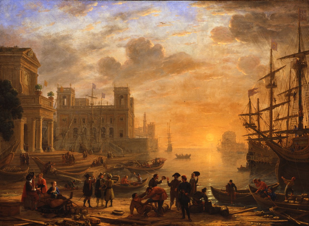 A harbour landscape at sunset by Claude Lorrain