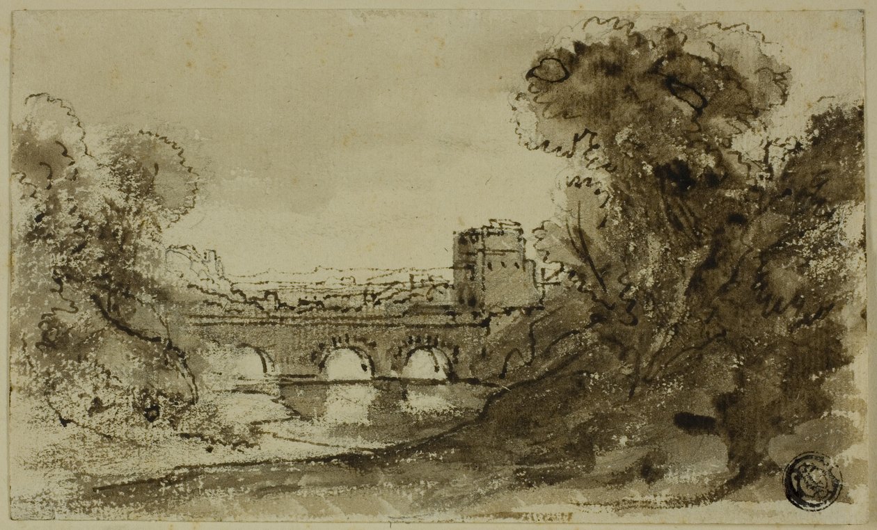Italianate River Landscape with Bridge with Tower by Claude Lorrain