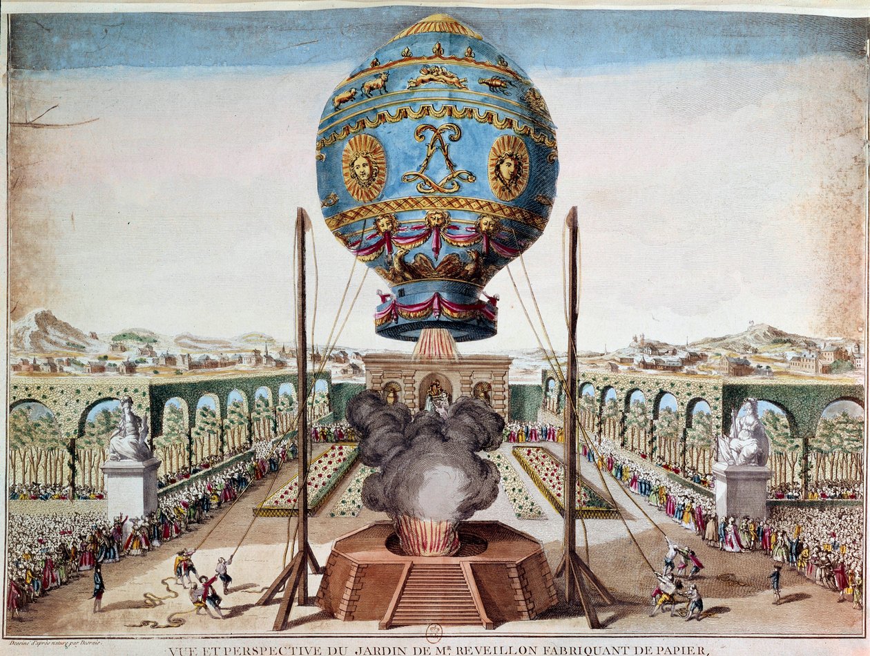 Experience of the Montgolfiere brothers on 19 October 1783 in the garden of Monsieur Reveillon, faubourg Saint Antoine in Paris. Engraving by Claude Louis Desrais by Claude Louis Desrais