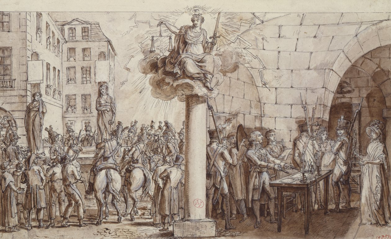 The widow Morin and her daughter Angelique Delaporte at the Conciergerie and punished with being shackled in public for the crime of extortion with violence of signatures, 1812 by Claude Louis Desrais