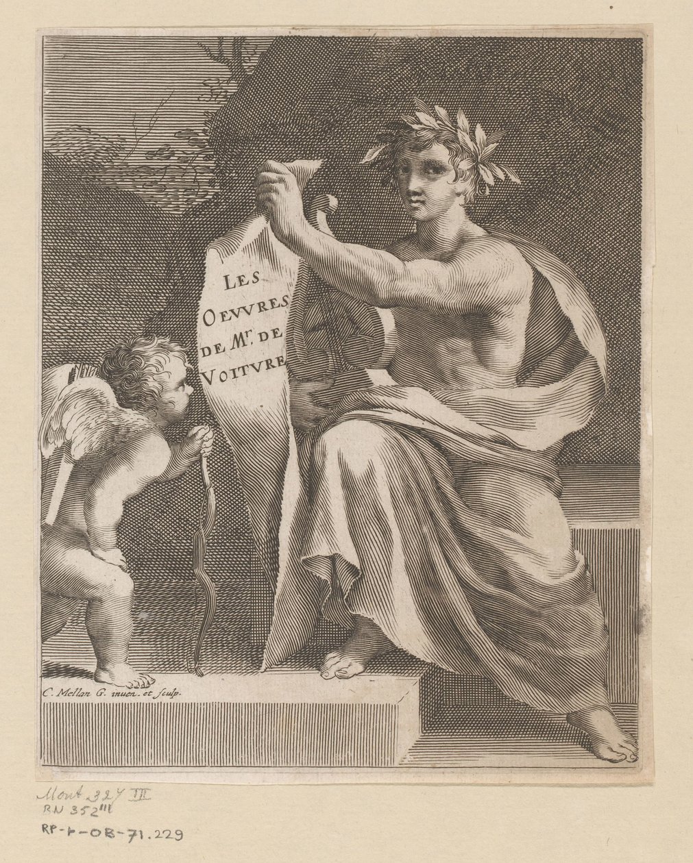 Apollo and an Amor (Title Page for: Vincent de Voiture, Les Oeuvres de Vincent de Voiture, 1650) by Claude Mellan