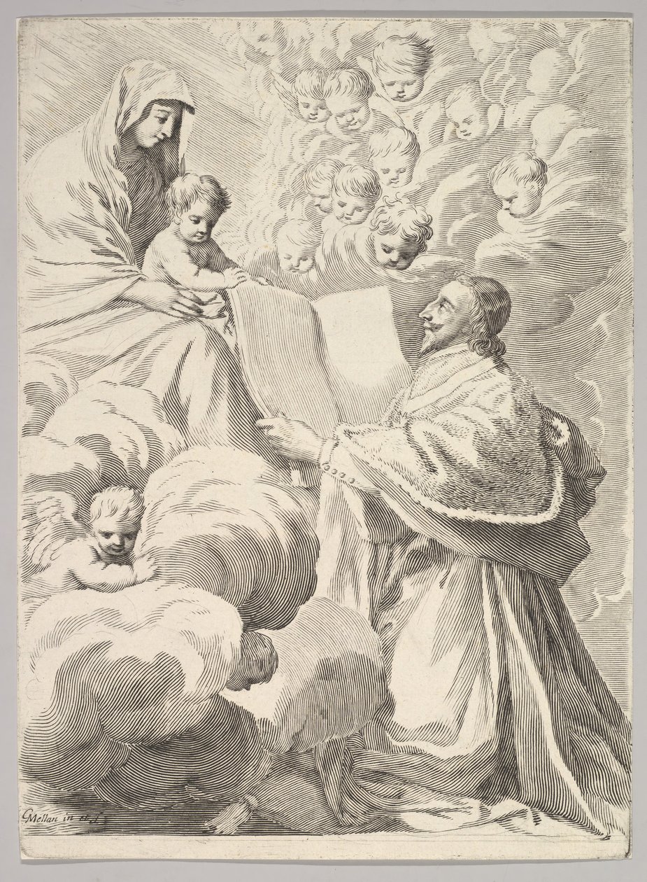 Cardinal Richelieu, Kneeling, Presents His Book to the Virgin and Child, ca. 1646 by Claude Mellan