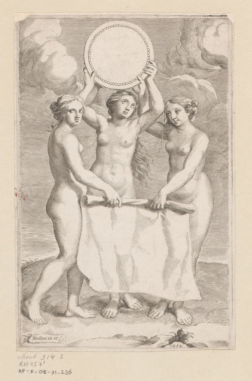 Three Graces with a Medallion (Title Page for: Balthazar de Vias, Charitum libri tres, 1660) by Claude Mellan